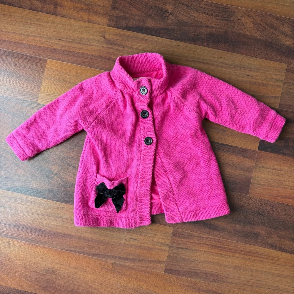 Strawberry Faire Baby Pink Button Knit Cardigan Sweater Bow Pockets Size 12M‎